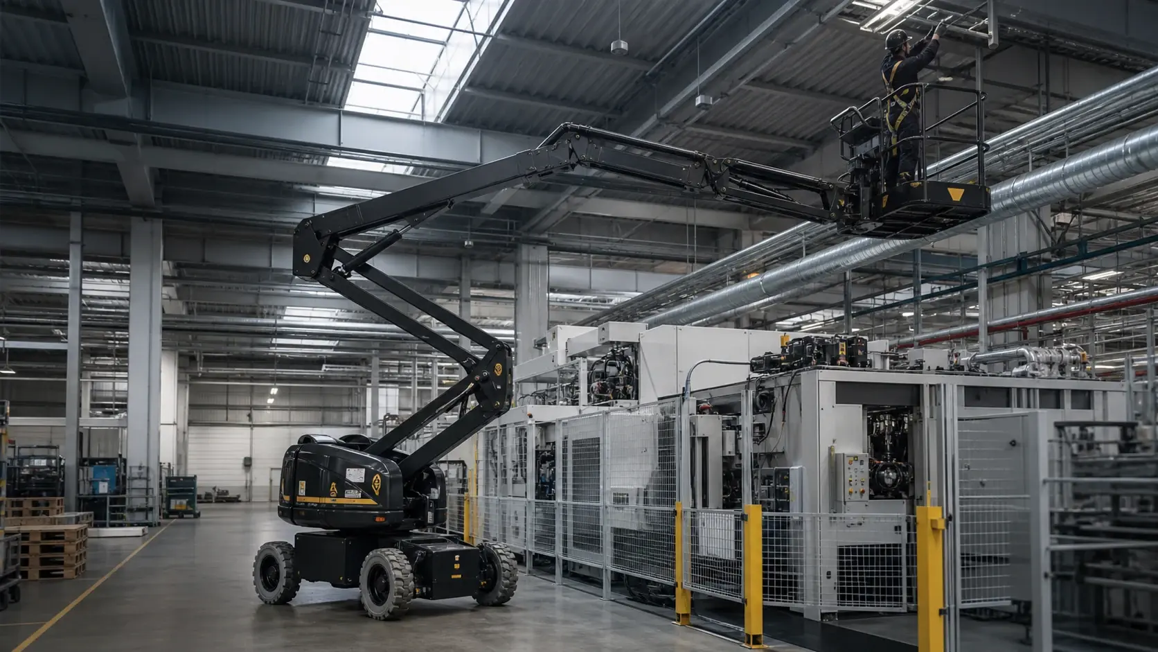 Schwarze Gelenkteleskopbühne bei Wartungsarbeiten in einer Produktionshalle