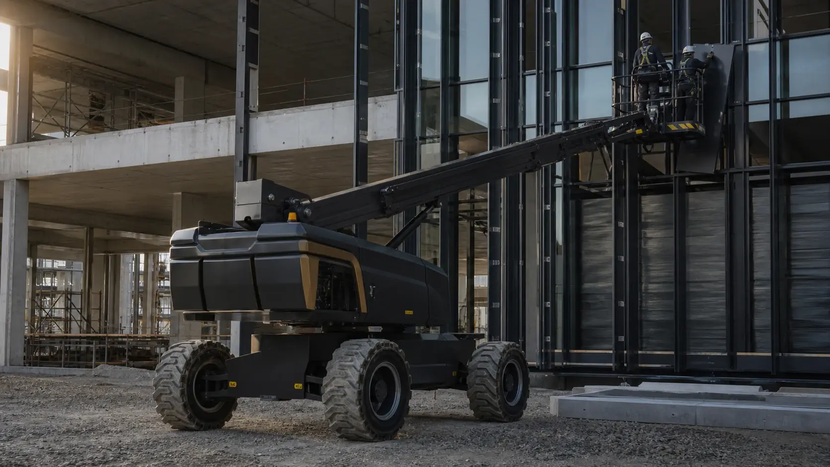Schwarze Teleskop-Arbeitsbühne bei Montagearbeiten auf einer Baustelle