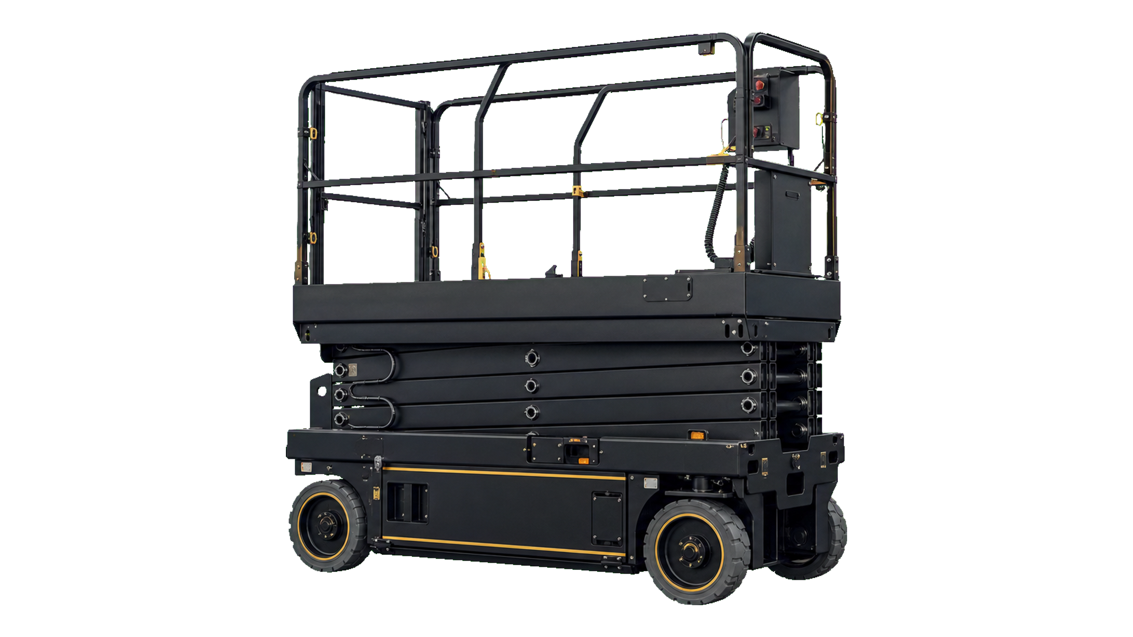 Freigestellte schwarze Elektro-Scherenbühne in Transportstellung
