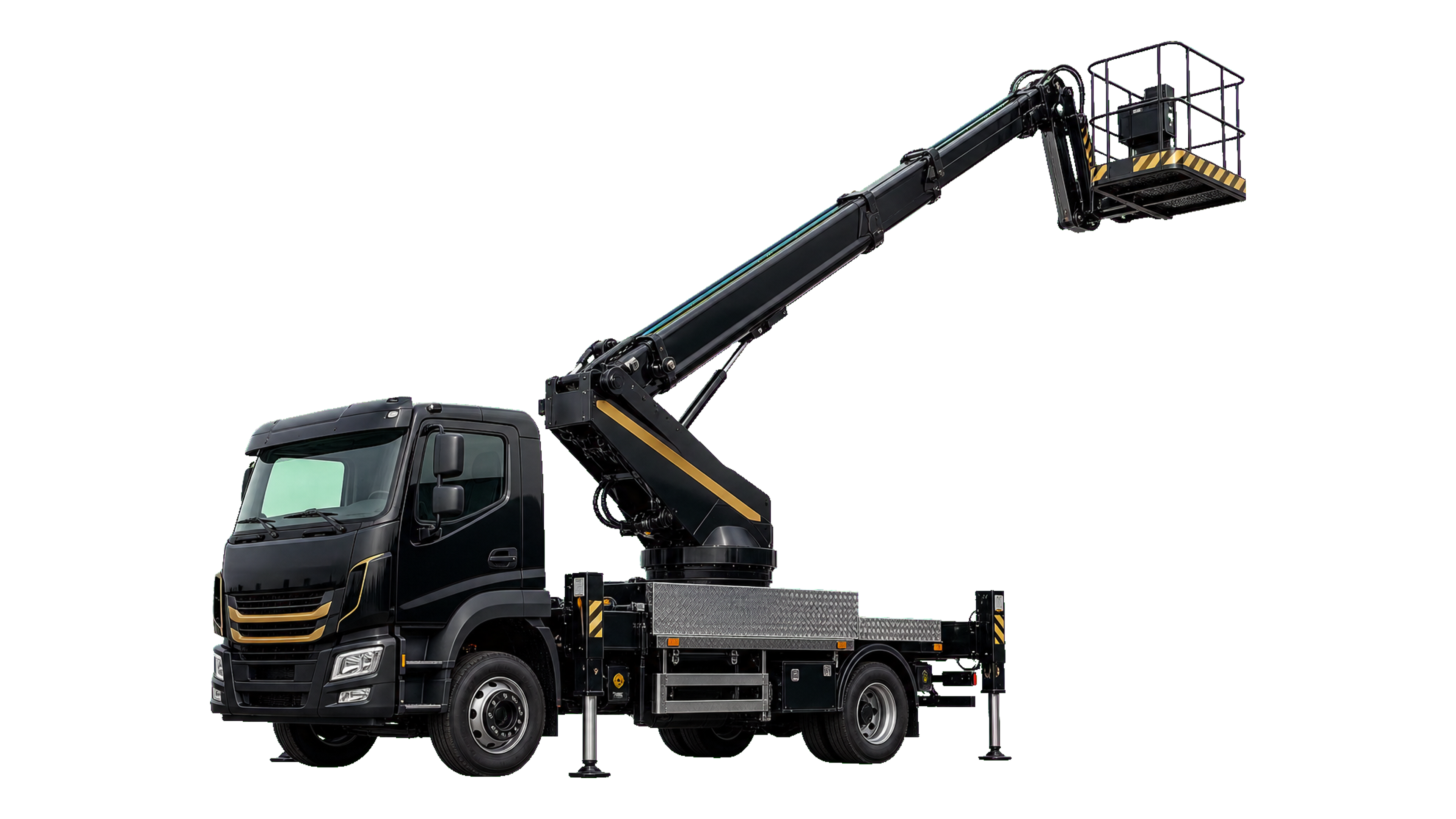 Freigestellte schwarze LKW-Arbeitsbühne mit Teleskopausleger