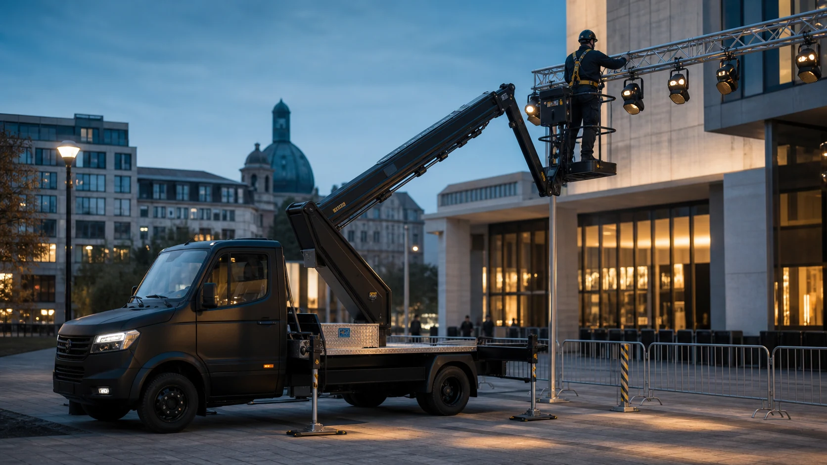 Schwarze LKW-Arbeitsbühne bei der Montage von Veranstaltungstechnik