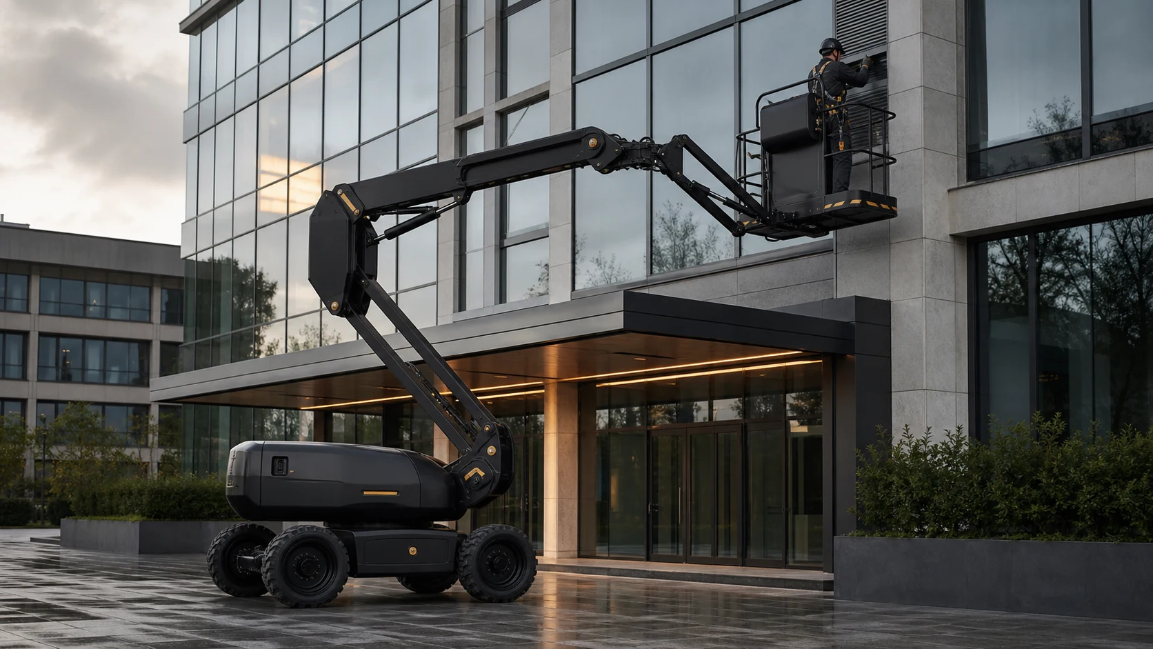 Schwarze Gelenkteleskopbühne bei Gebäudetechnik-Arbeiten an einer Glasfassade
