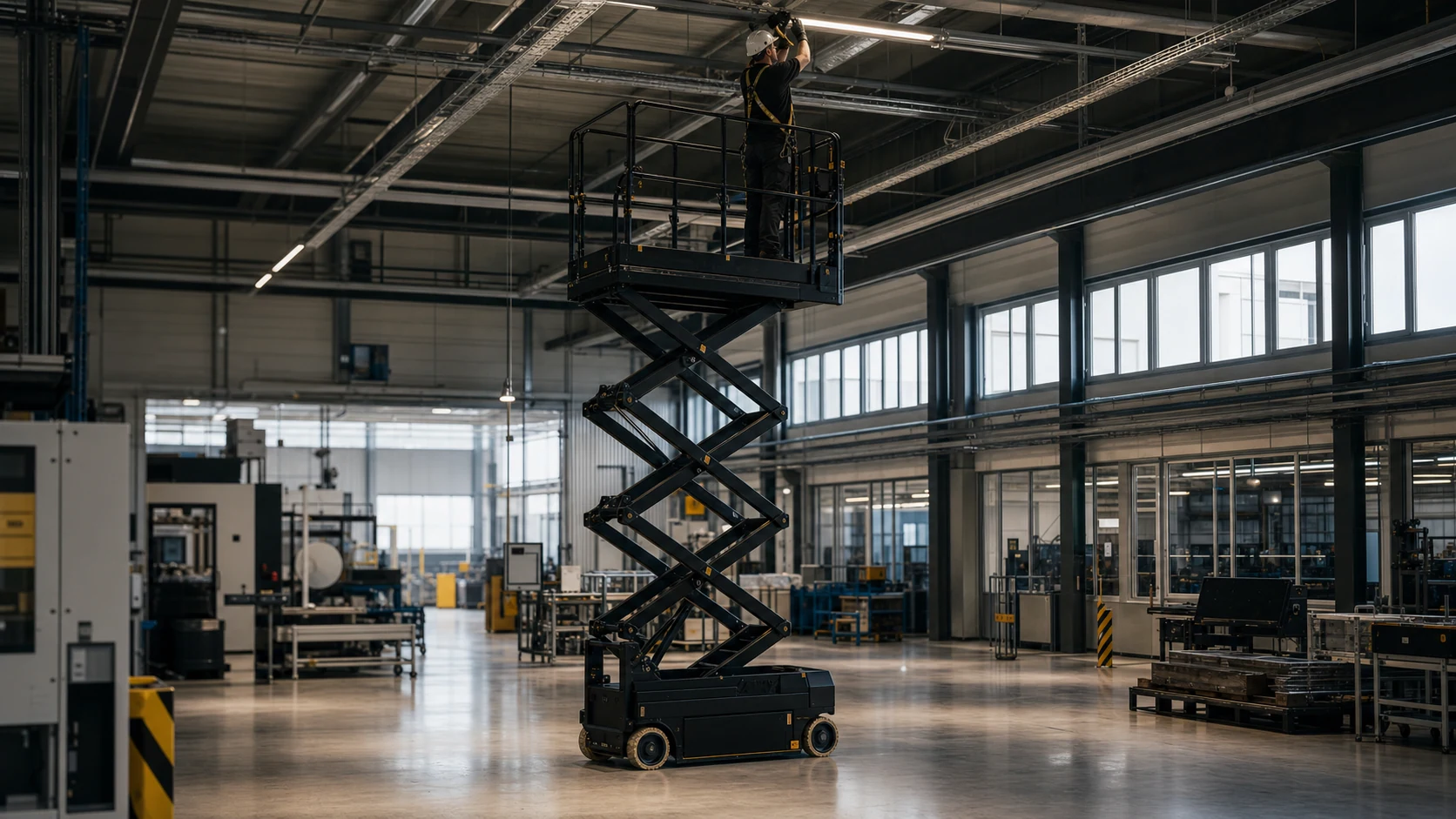 Techniker auf einer schwarzen Scherenbühne bei Arbeiten unter einem Hallendach